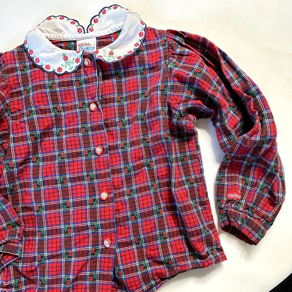Vintage Osh Kosh Floral Plaid Button Up w/ Embroidered Scalloped Collar Sz 6 - Picture 1 of 9